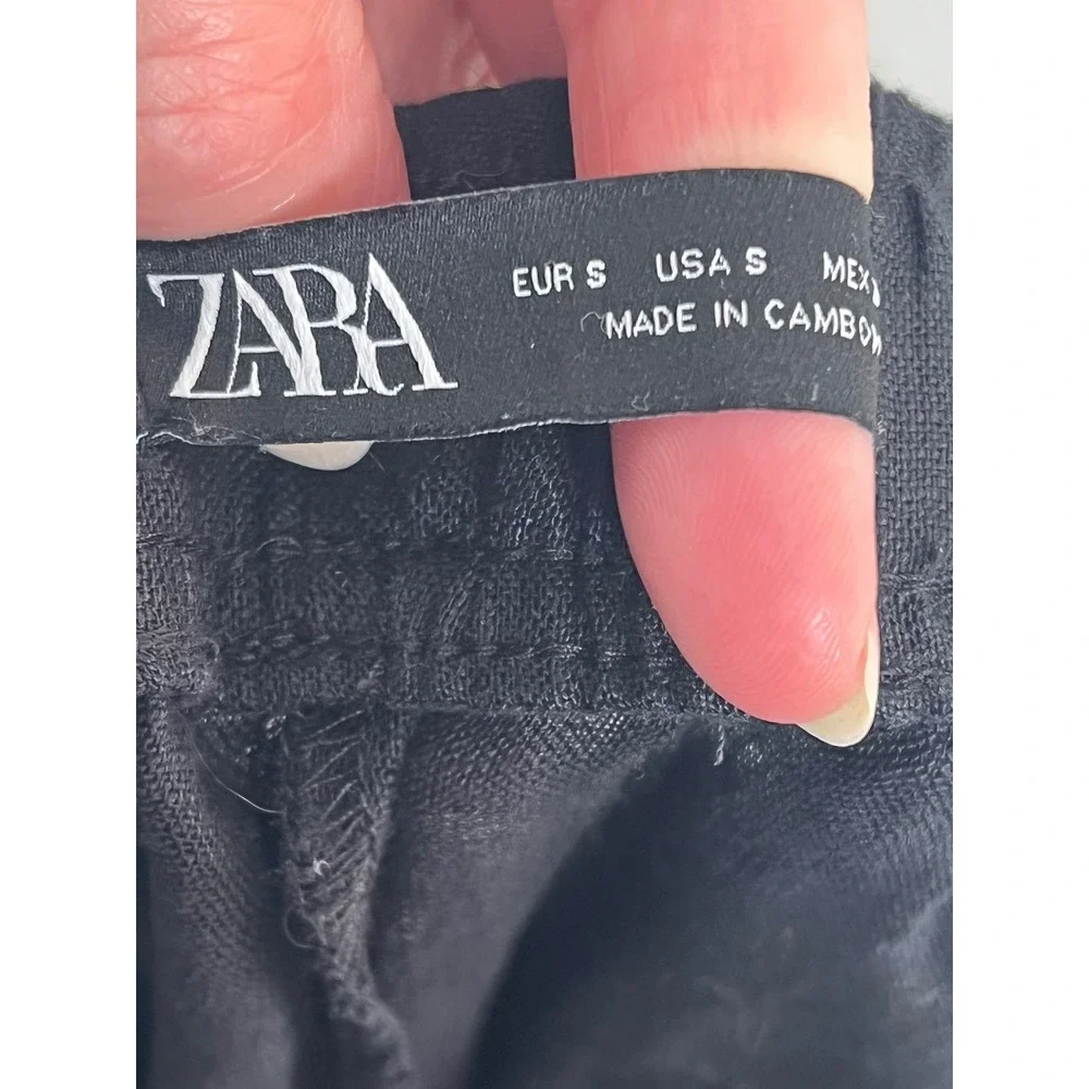 Zara Black Linen Blend Wide Leg Elastic Waist Pants Small Casual Coastal